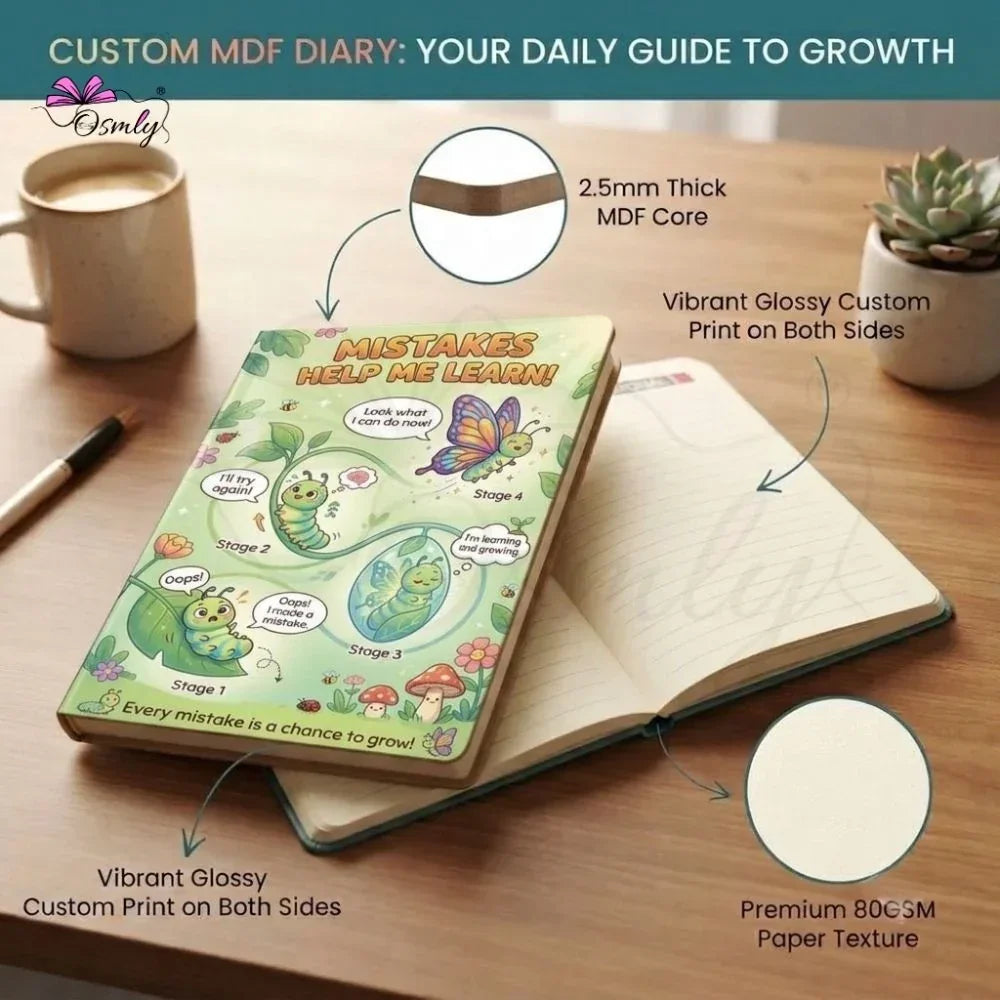 Customized MDF diary with vibrant glossy print and premium 80GSM paper texture.
