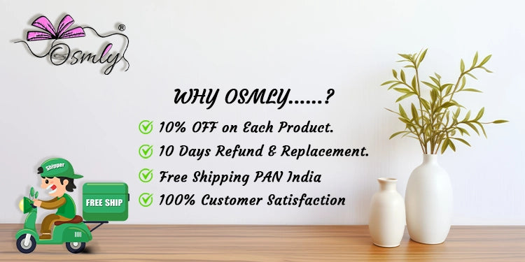Promotional banner for Osmly with text about discounts, returns, shipping, and customer satisfaction on a white background.