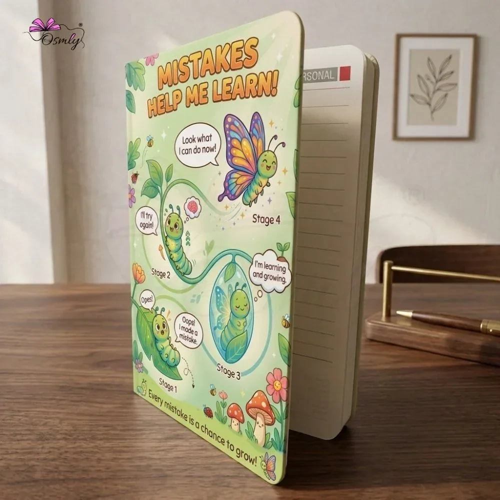 Personalized notebook with motivational caterpillar to butterfly illustration on the cover.
