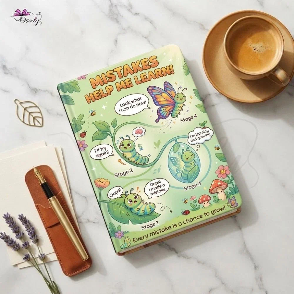 Customized notebook with caterpillar growth stages and motivational quotes on a marble desk.
