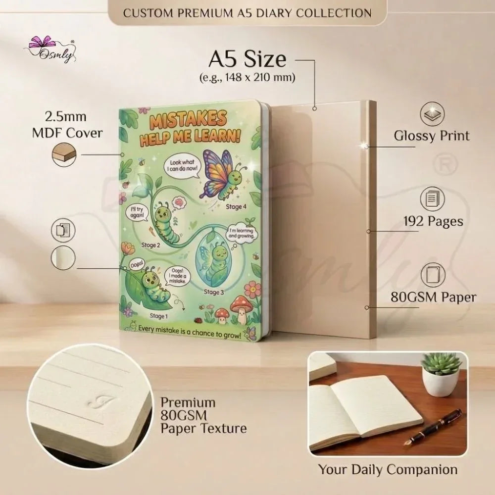 Customized A5 diary with a colorful butterfly and caterpillar cover design.