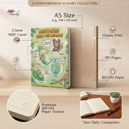 Customized A5 diary with a colorful butterfly and caterpillar cover design.
