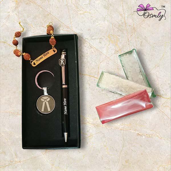 Customized Rudraksha Rakhi Pen Combo Set - OSMLY