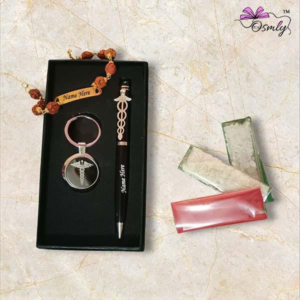 Customized Rudraksha Rakhi Pen Combo Set - OSMLY