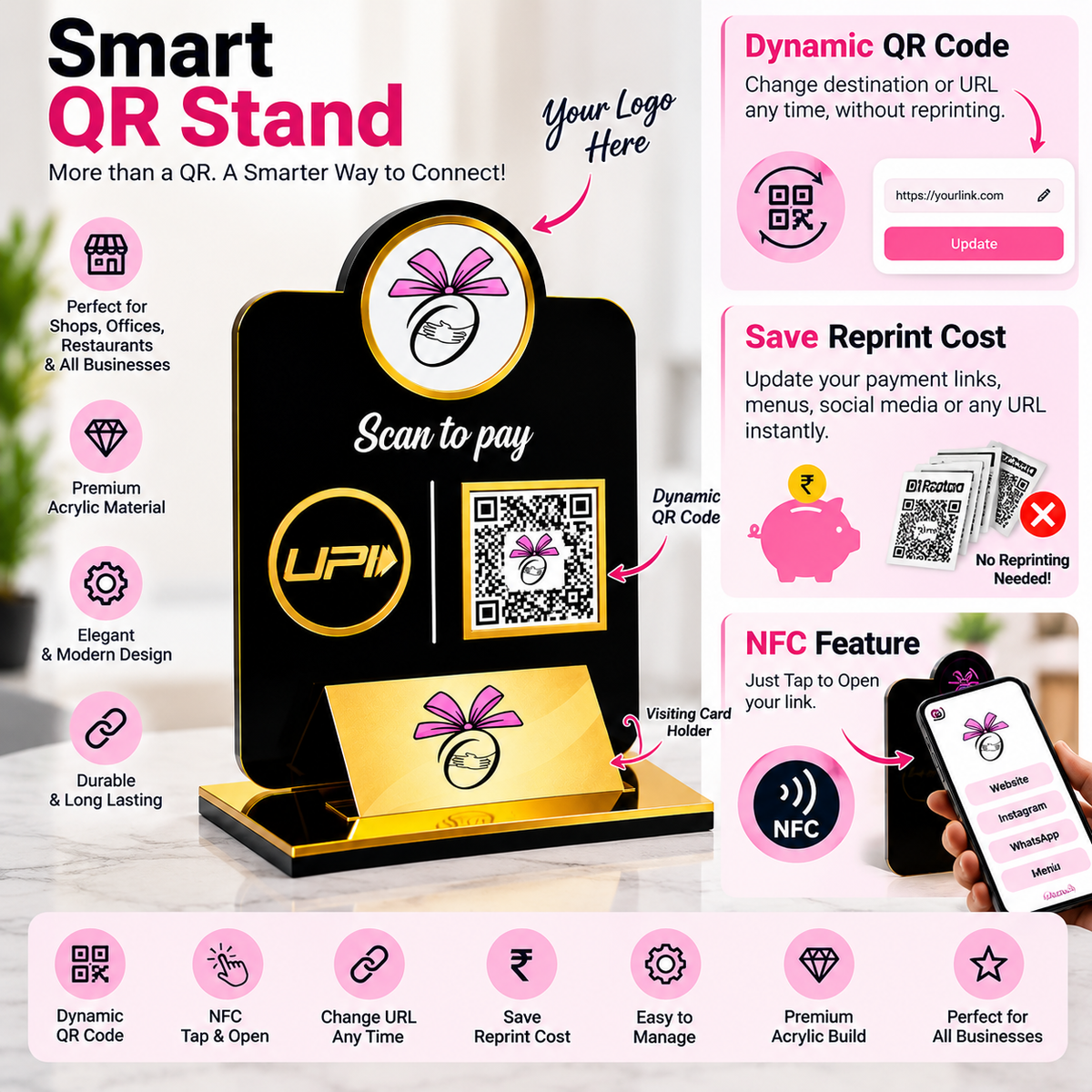 Elegant Gold-Trimmed QR Stand